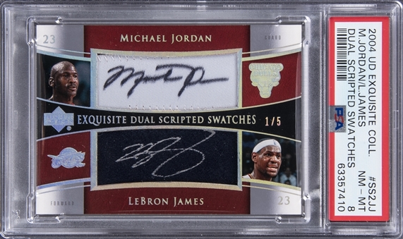 2004-05 UD "Exquisite Collection" Dual Scripted Swatches #SS2-JJ Michael Jordan/LeBron James Dual Signed Patch Card (#1/5) - PSA NM-MT 8